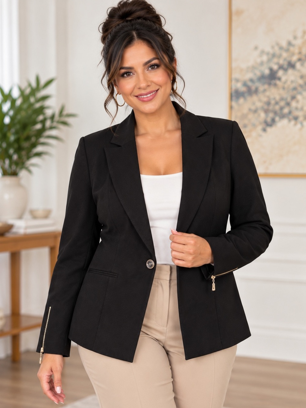 Kasper Blazer Size 6 Black One Button Zip Cuff Tailored Career Jacket